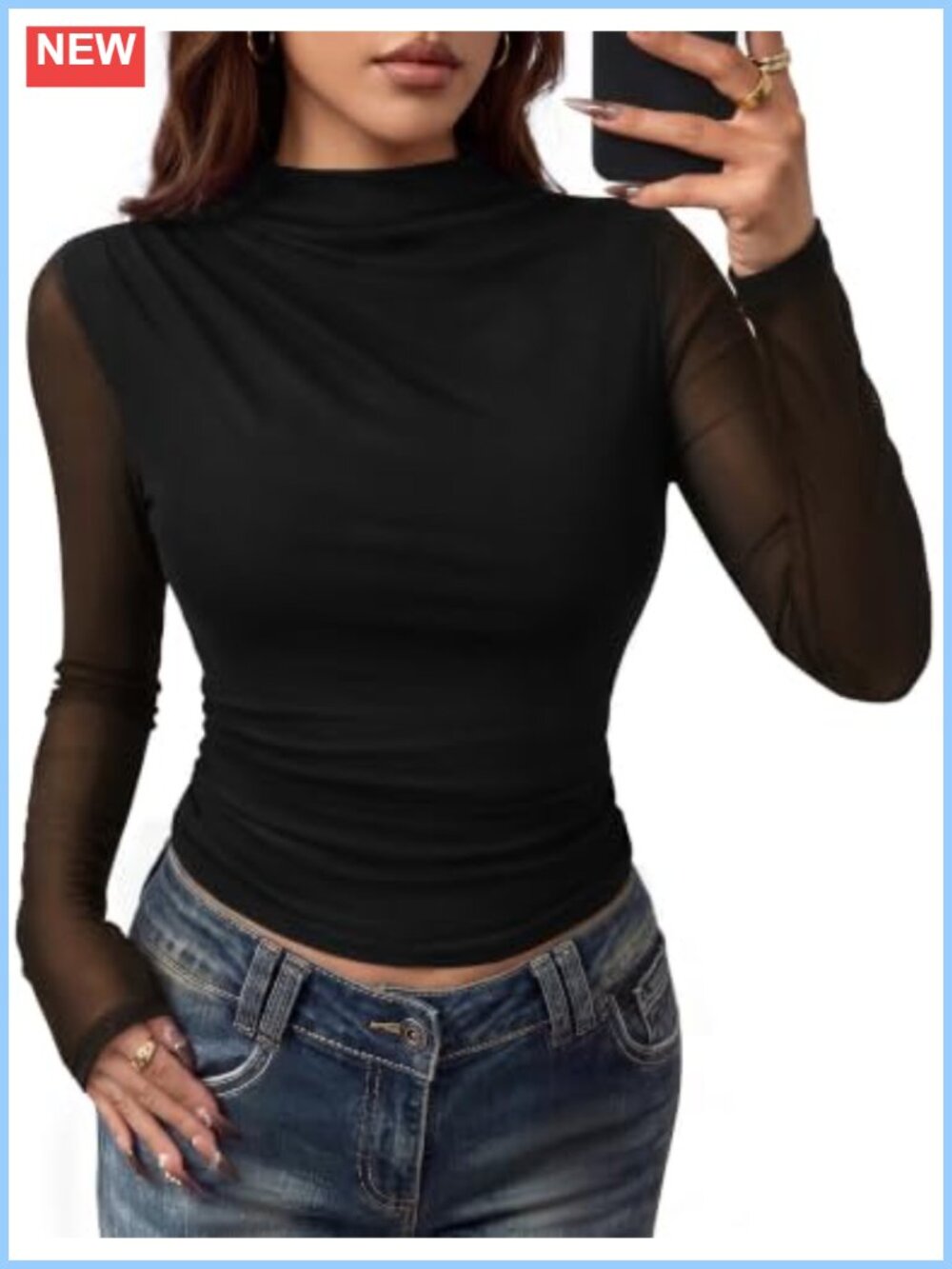 Mesh Long Sleeve Mock Neck Slim Fit Blouse for Work Party Date Night